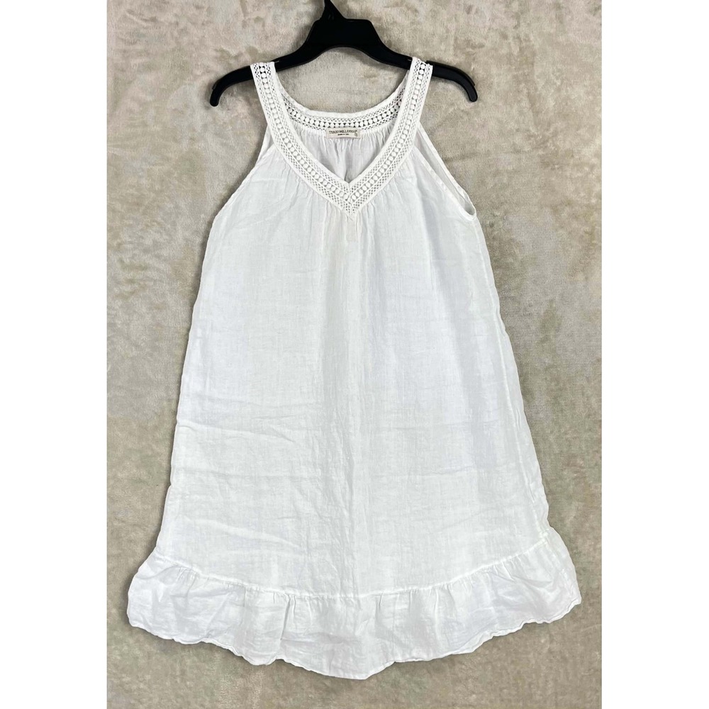 Terzo Millennio White Linen Crochet Lace Trim Ruffle Hem Dress Made in Italy S